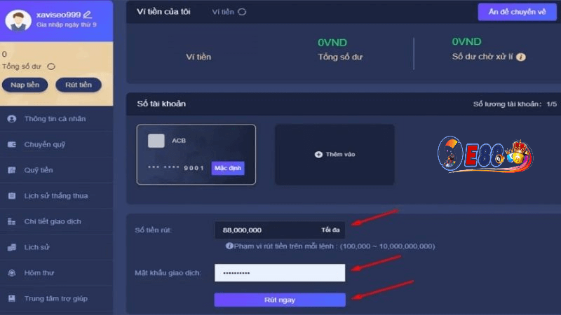 cách thực hiện rút tiền e88